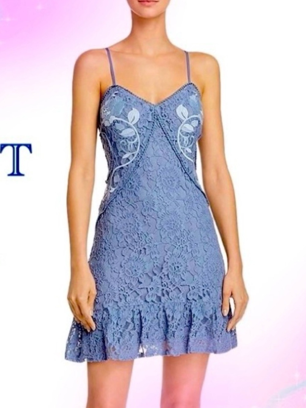 Aqua Blue Lace Mini Dress xs periwinkle spaghetti strap cocktail party lined